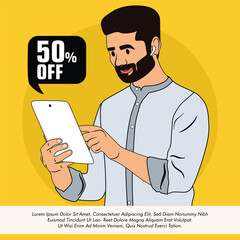Tab in hand. Happy man showing 50 percent off smartphone display vector illustration and  Young guy holding cellphone 50 percent off banner design 