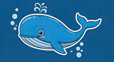 Obraz premium A joyful sticker of a whale swimming with bubbles in the ocean, beaming with a big smile. 