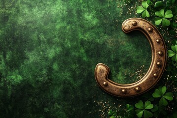 Golden horseshoe on green velvet background with shamrocks for good luck