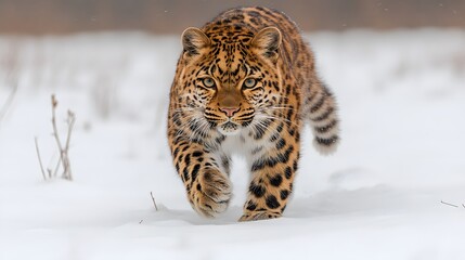 Obraz premium A rare Amur leopard was seen walking in the snow