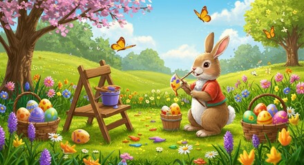 Obraz premium Whimsical Scene of Bunny Painting Easter Eggs in Garden