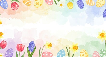 Whimsical Watercolor Background with Spring Flowers and Easter Eggs