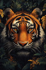 Naklejka premium Majestic Tiger Amidst Lush Tropical Foliage