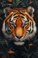 Fototapeta premium Majestic Tiger Portrait Amidst Lush Tropical Foliage