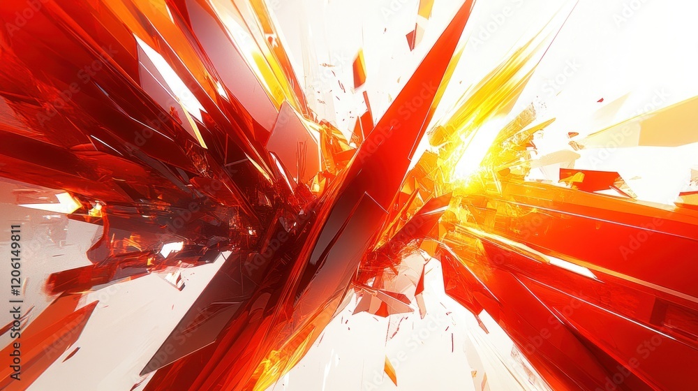 Poster fiery abstract explosion of red and orange energy: dynamic angular shapes and intense color palette