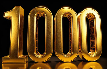Three-dimensional shiny golden number 1000 on a reflective surface against a dark background