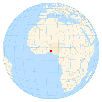 Map showing the location of the city Ibadan in Nigeria (Western Africa) on the earth globe.