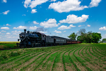 A classic steam locomotive pulls a series of vintage passenger cars across a vibrant green field. The sunlit scene captures the beauty of rural travel on a clear day.