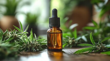 Fototapeta premium Hemp Oil Bottle with Cannabis Leaves