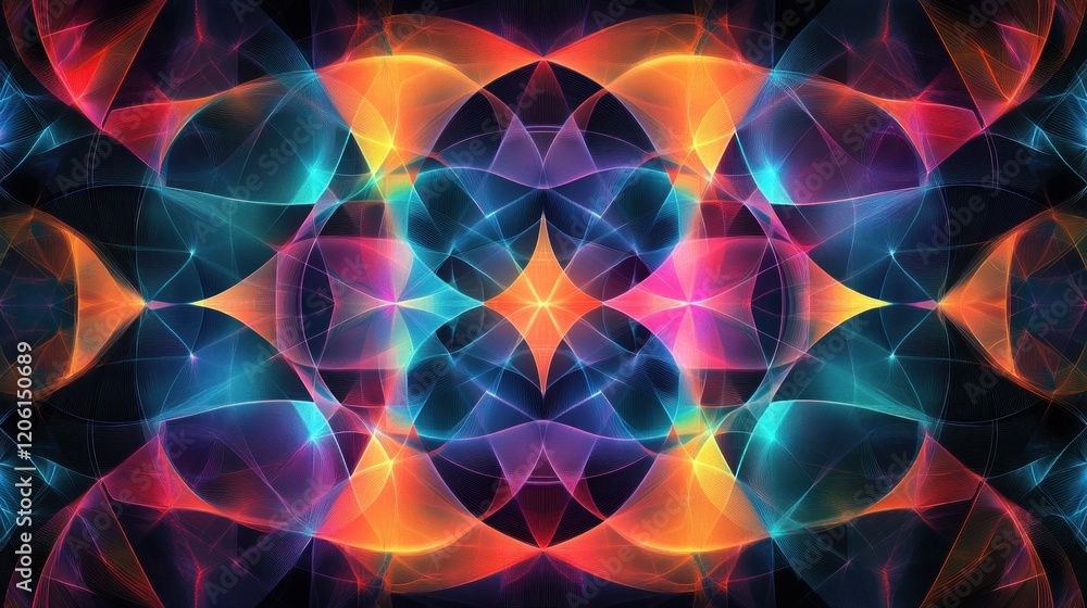 Poster vibrant geometric pattern with overlapping circles and triangles, neon colors blending smoothly, glo