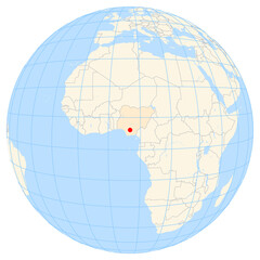 Map showing the location of the city Onitsha in Nigeria (Western Africa) on the earth globe.