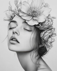 Artistic representation of a woman adorned with blossoms 