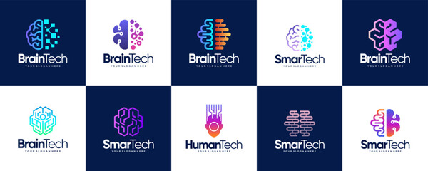 Human brain logo collection with smart technology concept, connection network, design template illustration.