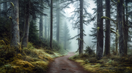 Fototapeta premium Misty forest trail surrounded by tall evergreen trees and mossy ground creating a tranquil natural escape