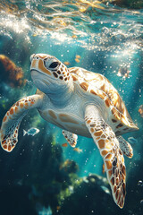 Fototapeta premium Majestic Sea Turtle Gracefully Swimming Underwater