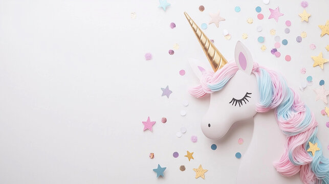 cute birthday card with funny pink unicorn and serpentine and glitter