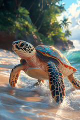 Obraz premium Sea Turtle Emerging From Ocean Waves Onto Sandy Beach