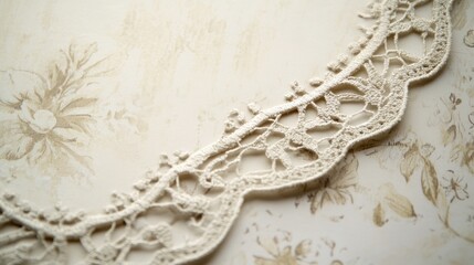 Obraz premium Delicate Vintage Lace Trim on Floral Pattern Paper for Wedding Invitations or Crafts