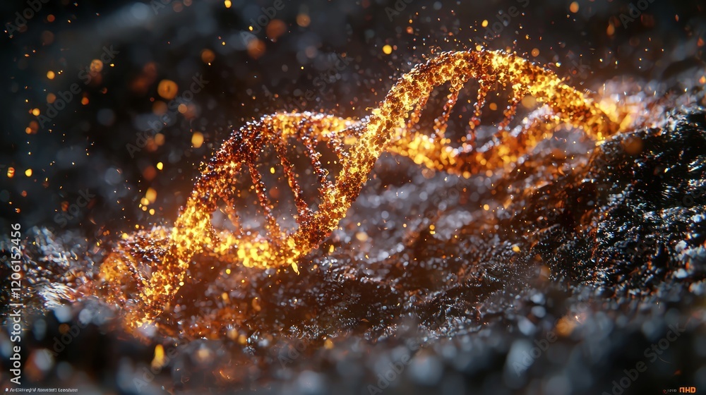 Poster fiery dna helix emerging from dark particles: abstract 3d rendering of genetic code