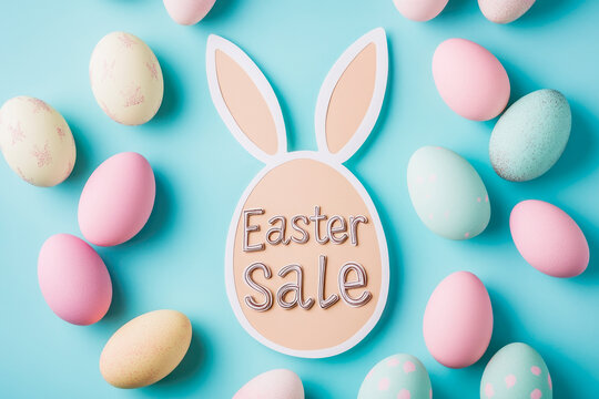 Paper card in shape of egg with bunny ears with the letters "Easter Sale" surrounded by Easter eggs on light blue background