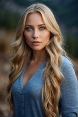 Naklejka premium a young woman with long, wavy blonde hair styled in a modern, beachy wave pattern.