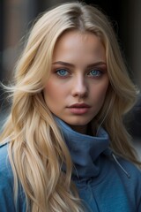 Fototapeta premium a young woman with long, wavy blonde hair styled in a modern, beachy wave pattern.