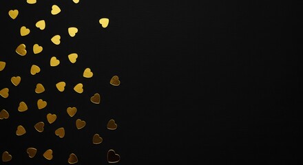 Minimalist Valentine's Day Background with Golden Heart Confetti on Black Backdrop