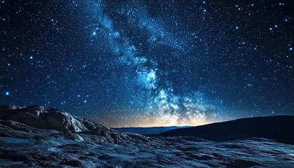 Starry night sky with the Milky Way, a vast expanse of stars in an open field. The view is from ground level, looking up at the starry sky. 