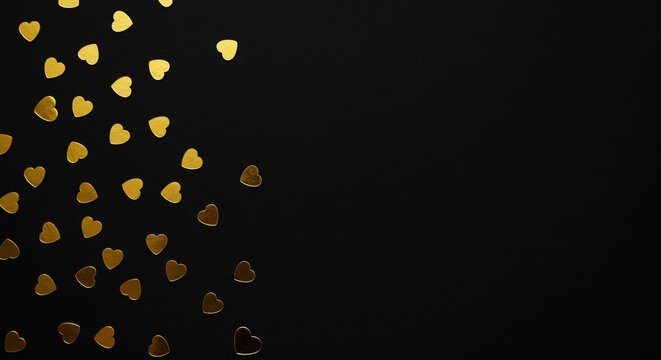Minimalist Valentine's Day Background with Golden Heart Confetti on Black Backdrop