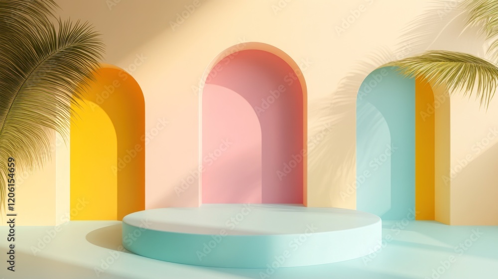 Poster vivid pastel scene with bold yet soft gradient transitions and architectural arches and platform
