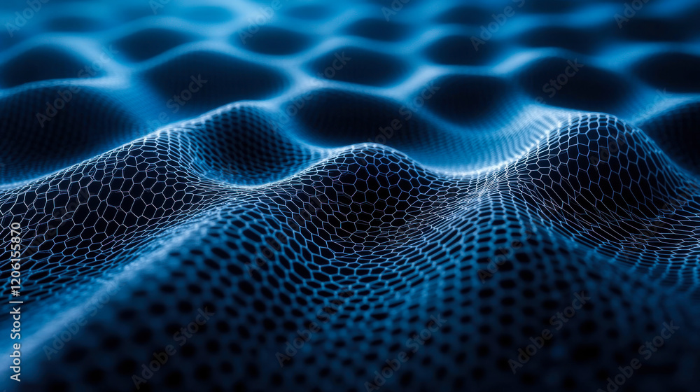 Poster abstract representation of hexagonal patterns creating a flowing surface in blue tones
