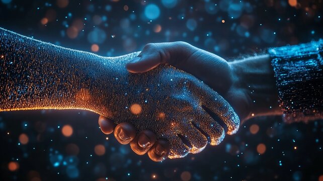 Futuristic handshake between human and digital entity - Powered by Adobe