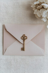 Elegant blush pink envelope with antique gold key.
