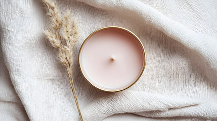 Pink candle in gold tin on textured fabric with dried flowers. Serene and minimalist aesthetic.