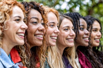 Fototapeta premium Group of diverse cheerful women with a bright, genuine smile, radiating happiness and positivity. Image showcase femininity and freedom