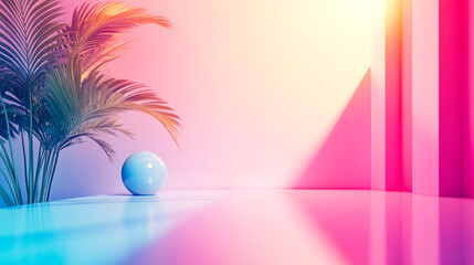 Futuristic room with vibrant gradient lighting and geometric architecture, tropical palm plants, and a reflective sphere creating a surreal atmosphere