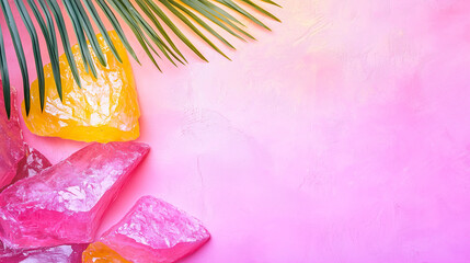 Tropical background with pink and yellow crystals, palm leaves, and pastel textured wall creating a vibrant summer aesthetic
