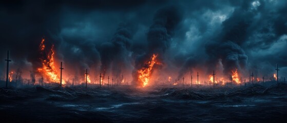 Dramatic Landscape of Fiery Flames and Dark Clouds over a Chaotic Ocean Scene at Dusk