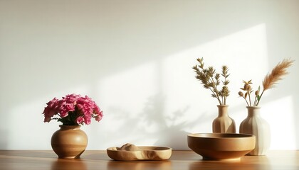 Fototapeta premium Elegant floral arrangement on wooden table minimalist interior design natural light peaceful atmosphere