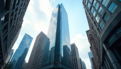 Fototapeta premium Skyscraper reflection in urban landscape downtown city architectural photography clear skies low angle modern design