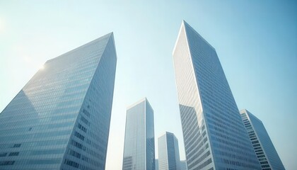 Modern skyscrapers soaring high urban setting architectural photography clear sky aerial perspective innovative design
