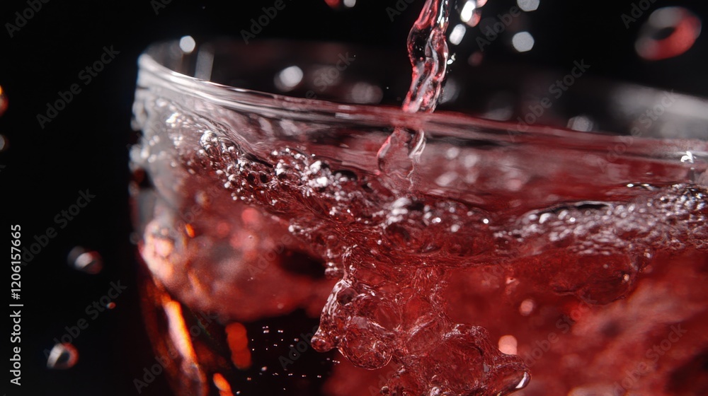 Poster close-up of a glass filled with sparkling red liquid, showcasing dynamic bubbles and splashes