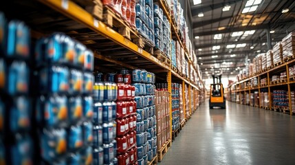 A warehouse aisle filled with stacked beverage cans, showcasing organized inventory for distribution.