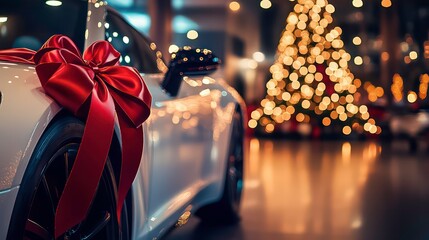A white car with a large red bow sits in a showroom near a decorated Christmas tree.