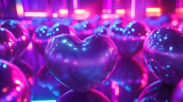 Shiny Disco Ball Hearts Neon Purple Pink Blue Love Romantic Valentines Day Nightclub Party Festive Abstract Background Design fun glow dark style color event
