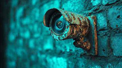 Rusty security camera mounted on a weathered brick wall