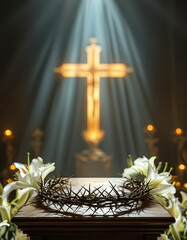 Easter themed product display podium background, Crown of thorns and victory, podium with a crown of thorns, white lilies, glowing cross, ad, podium platform, product presentation space