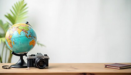 Exploring travel photography camera and globe on wooden table indoor workspace inspirational environment