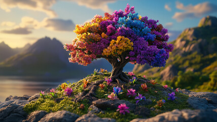 Fantasy tree with colorful blossoms on a mountain