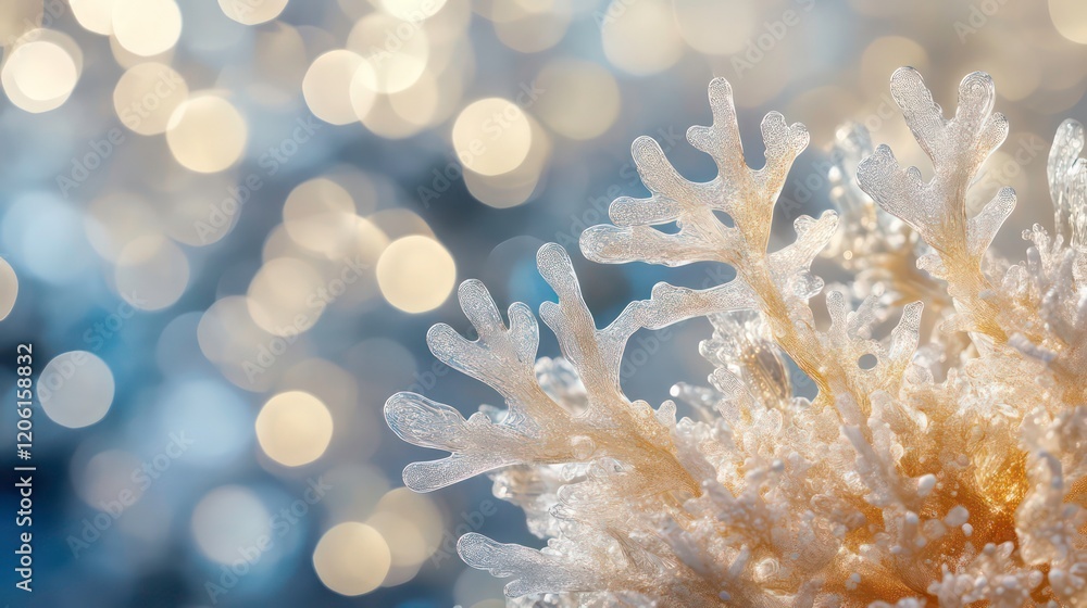 Poster close-up of a delicate, frosty, white coral-like structure against a bokeh background of blue and go